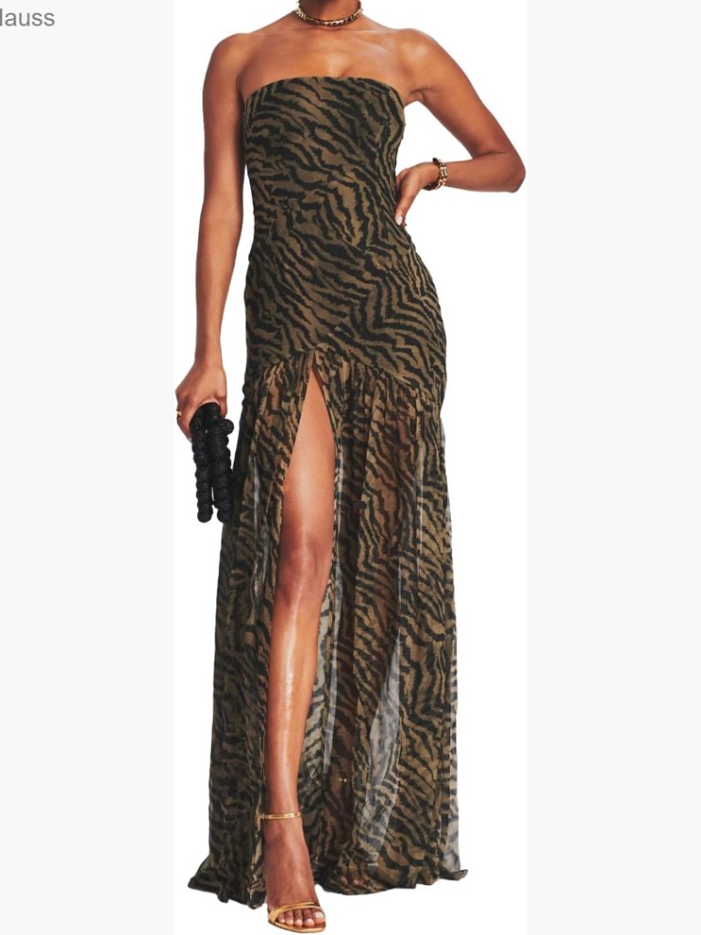 Strapless Maxi Dress Tiger Stripe Mesh Patchwork High Slit Backless